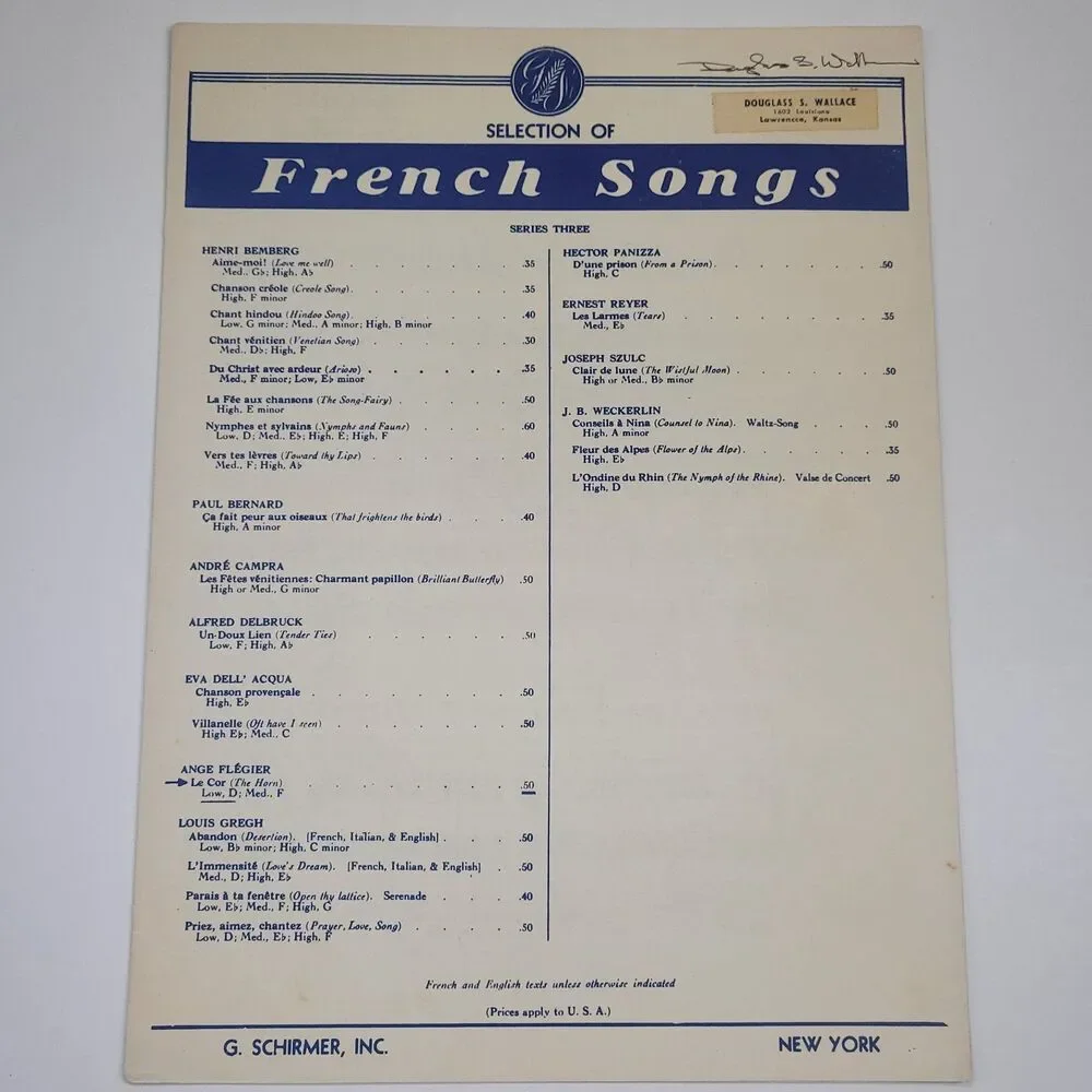 Selection of French Songs, Ange Flegier 'Le Cor' Low D, G. Schirmer #SM2 - Picture 1 of 2